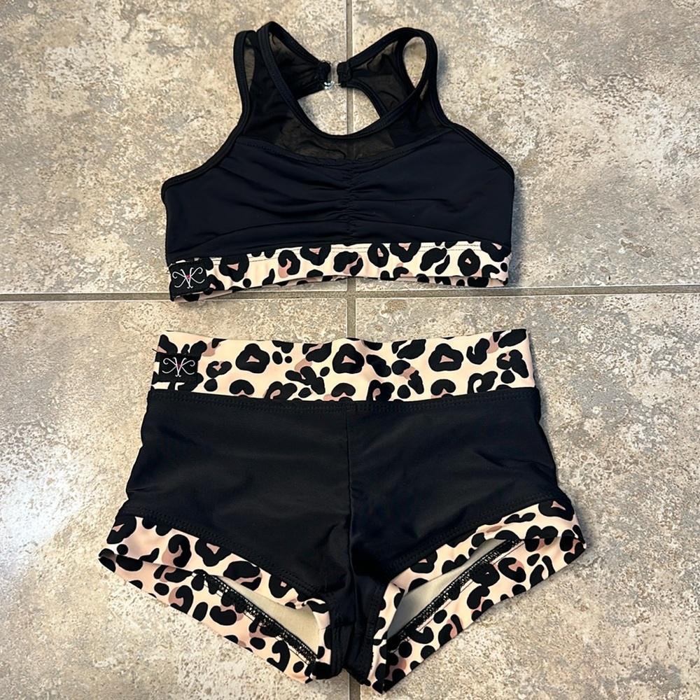 Kandi Kouture Youth Leopard Print  Black 2 Pc Dance Top & Briefs Sz CL 7/8